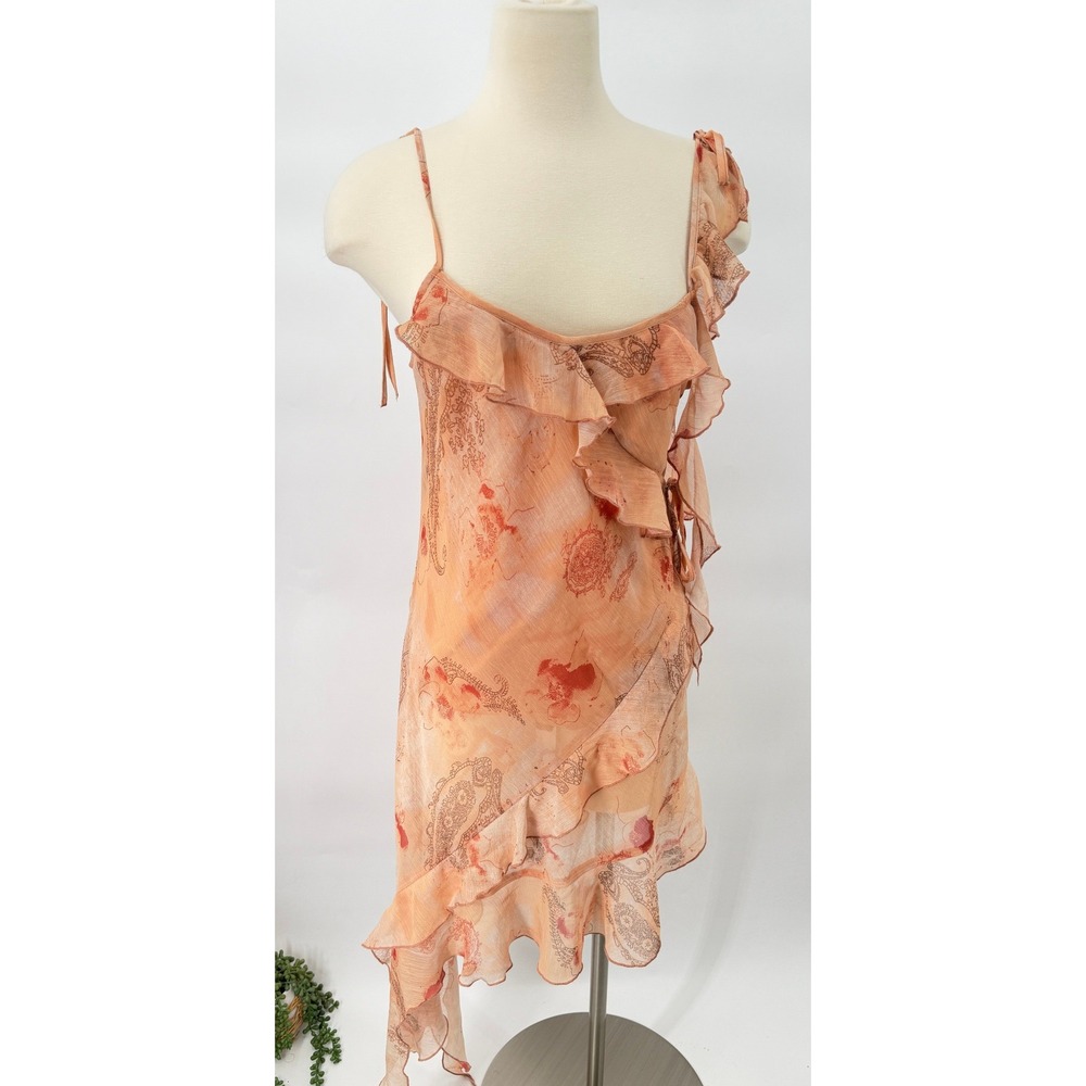 Light Before Dark Dress Womens L Orange Paisley Ruffle Asymmetrical Boho Mini